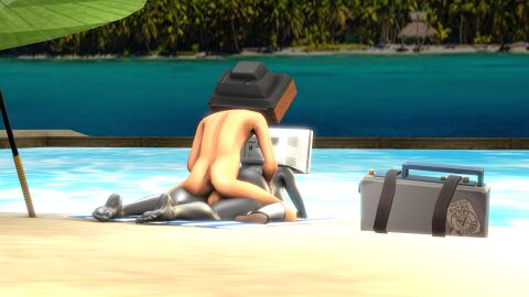 3d android ass beach big_ass big_breasts breasts female from_behind grey_skin nude nude_female robot_humanoid scout_(team_fortress_2) team_fortress_2 thick_thighs tv_head