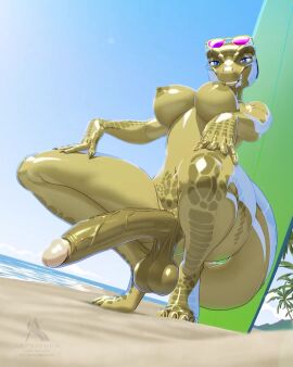 animated anthro archshen argonian beach clenched_balls digital_media_(artwork) erection female futa_only futanari green_body green_scales hanging_balls huge_balls huge_breasts huge_cock long_penis penis poney presenting_penis reptile scales scalie squatting sunglasses tagme tail thick_penis vein veiny_penis video