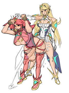 2futas balls bent_forward bent_over big_balls big_breasts blonde_hair blush breasts clothed clothing color_edit colored cum cumshot duo ejaculation erection from_behind full-package_futa futa_on_futa futa_only futanari hitobashira_(1746164306) huge_balls huge_cock human intersex large_balls large_breasts large_penis large_testicles light-skinned_male light_skin male mostly_clothed mythra nintendo nude orgasm penis pussy pussy_juice pyra red_hair sex skindentation solarismaximumcat standing sweat sweatdrop testicles thighhighs victim_alice xenoblade_(series) xenoblade_chronicles_2