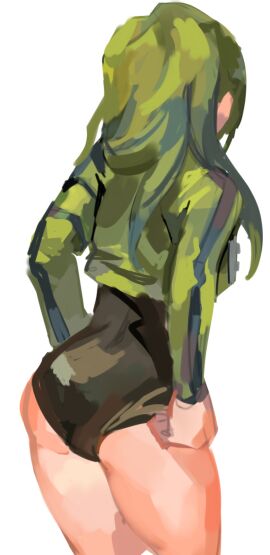 1girls adjusting_clothes apple_green_hair ass ass_focus back_view butt_focus female gluteal_fold gradient_hair green_hair green_jacket jacket leotard library_of_ruina lobotomy_corporation long_hair long_sleeves morchkins netzach netzach_(library_of_ruina) pastel plain_background project_moon solo swimsuit thighs unseen_female_face watercolor_(artwork) white_background