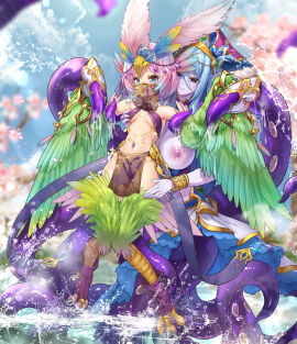 2girls absurdres animal_ears bird_ears bird_legs bird_tail blue_hair blue_pupils blush breasts carol_(clover_theater) clover_theater colored_skin commentary_request consensual_tentacles feathers female green_feathers green_wings hair_ornament harpy headdress highres imola_(clover_theater) jewelry large_breasts long_hair monster_girl mouth_veil multiple_females multiple_girls navel pelvic_curtain pink_hair purple_eyes purple_skin red_eyes scylla slime_(substance) small_breasts tail talons tentacle veil water winged_arms wings xiaomu314 yuri