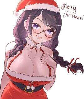 :3 bakemonogatari big_breasts black_hair breasts christmas cleavage female female_only glasses hanekawa_tsubasa light-skinned_female light_skin monogatari_(series) otawan santa_hat twin_braids