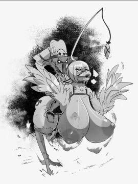 avian avian_feet big_breasts bimbocobo branded breasts chocobo duo female final_fantasy gag greyscale grimmy harness harness_gag hi_res huge_breasts humanoid hybrid implied_transformation intelligence_loss monochrome mount muzzle_(object) not_furry square_enix transformation what