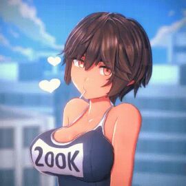 1girls 3d animated anna_anon bare_shoulders bouncing_breasts bouncing_hair breast_physics breasts dark-skinned_female dark_skin female female_only follower_celebration hair_physics heart heart_(symbol) jiggle jiggle_physics koikatsu lollipop lollipop_in_mouth loop milestone_celebration one-piece_swimsuit original physics school_swimsuit short_hair solo swimsuit swimwear tomboy twitter_username