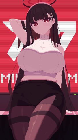 1girls 9:16 animated arm_behind_back arm_behind_head bare_arms black_hair black_pantyhose black_skirt blinking blue_archive breasts bright_pupils cowboy_shot emotionless emotionless_female female halo highres huge_breasts indifference indifferent long_hair looking_at_viewer pantyhose piaomao pixel_animation pixel_art red_eyes rio_(blue_archive) short_skirt skirt sleeveless sleeveless_sweater solo sweater unamused uncaring unenthusiastic utter_domination vertical_video very_long_hair voluptuous voluptuous_female white_pupils white_sweater
