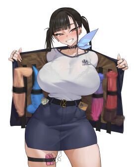 1girls anchanindigo big_breasts black_hair blush breasts censored dildo enjoying female flashing goddess_of_victory:_nikke horsecock_dildo huge_breasts jewelry looking_at_viewer prostitution red_eyes sex_toy smile sora_(nikke) tagme vibrator vibrator_cord