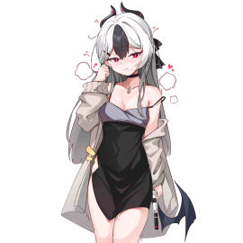 1girls :t absurdres after_sex bandaid bandaid_on_neck bite_mark bite_mark_on_arm black_choker black_dress black_hair blue_archive blush breasts choker closed_mouth cum cum_on_legs cumdrip dress ear_piercing female gehenna_academy_student grey_hair gun heart highres holding holding_gun holding_weapon horns kayoko_(blue_archive) kayoko_(dress)_(blue_archive) long_hair low_wings medium_breasts mole mole_on_neck multicolored_hair off_shoulder piercing problem_solver_68_(blue_archive) red_eyes simple_background solo stray_pubic_hair streaked_hair sweat weapon white_background wings wizard2482