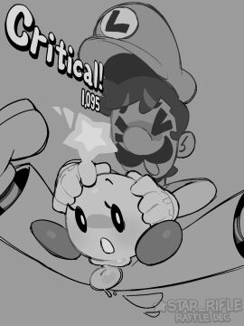 1boy 1girls balls closed_eyes clothing colorless dialogue duo english_text facial_hair female grey_background hands_on_head hat interspecies larger_male legs_apart luigi male male/female mammal mario_(series) mario_and_luigi_(series) moustache nintendo open_mouth penis penis_in_pussy pussy sex size_difference smaller_female star_rifle starlow straight straight_sex text white_gloves