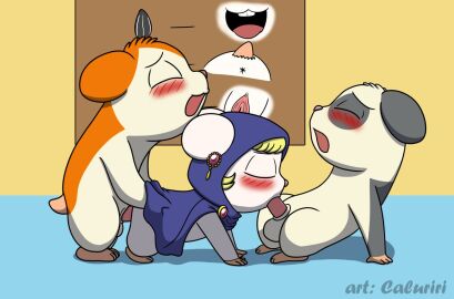 all_fours anus balls black_body black_fur blonde_hair blue_hood blush caluriri closed_eyes cricetid fellatio female feral feral_on_feral fur genitals group hair hamster hamtaro hamtaro_(series) lapis_(hamtaro) leaning leaning_backward male mammal oral orange_body orange_fur panda_(hamtaro) penetration penile penile_penetration penis penis_in_pussy prostitution pussy rodent sex signature spitroast sunflower_seed trio vaginal_penetration white_body white_fur