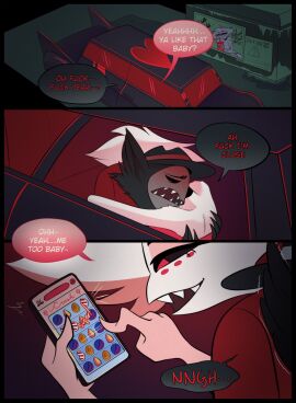 angel_dust_(hazbin_hotel) car_sex clothed funny gay hazbin_hotel hooker humor in_car male on_phone red_dress travis_(hazbin_hotel)