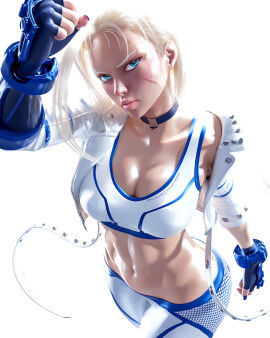 1girls 3d 3d_(artwork) abs athletic athletic_female blonde_hair blue_eyes breasts cammy_white capcom choker facial_scar female female_focus female_only fingerless_gloves fit fit_female fully_clothed gloves large_breasts looking_at_viewer mikadawn open_mouth posing scar short_hair simple_background solo solo_female solo_focus street_fighter wide_hips