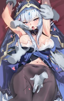 1girls adina_savic armpits arms_up bare_shoulders black_pantyhose black_survival blue_dress blue_eyes breasts disembodied_hand dress eternal_return:_black_survival grabbing_another's_breast grey_hair groping jewelry krabking large_breasts long_hair navel pantyhose sleeveless sleeveless_dress stomach surrounded_by_hands tongue tongue_out veil