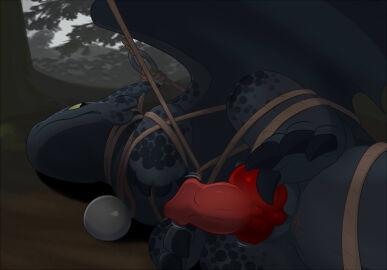 animal_genitalia animal_penis anus black_body black_scales bondage bound canine_genitalia canine_penis claws dragon dreamworks erection european_mythology feet feral forest forest_background fury_(httyd) genitals green_eyes how_to_train_your_dragon knot lying male mcfan membrane_(anatomy) membranous_wings mythological_creature mythological_scalie mythology nature nature_background night_fury on_side penis plant red_penis restraints rope rope_bondage scales scalie solo toothless tree western_dragon wings
