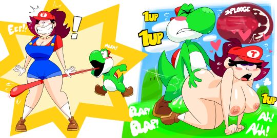 1boy 1up all_fours ass big_breasts big_penis breasts closed_eyes female huge_breasts huge_cock long_tongue male mario_(cosplay) mario_(series) mojo_montebon monster nintendo nipples open_mouth outdoors penis sex sex_from_behind super_mario_bros. surprise surprised tongue tongue_out trixie_(mojo_montebon) very_long_tongue x-ray yoshi