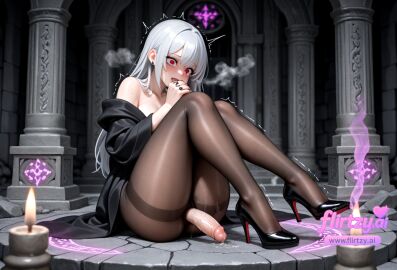 1boy ai_assisted ai_generated bangs bare_shoulders black_legwear blush collarbone covering_mouth cum erection eyebrows_visible_through_hair futanari hair_between_eyes high_heels jacket long_hair looking_at_viewer male_focus off_shoulder otoko_no_ko pantyhose penis red_eyes solo tearing_up testicles thighband_pantyhose trembling uncensored white_hair