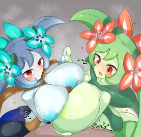 1boy 2girls anthro areola ass big_areola big_ass big_breasts big_thighs blue_hair blush breasts fellatio female flower gigantic_breasts green_hair green_skin hair_flower hair_grab huge_areola huge_ass huge_breasts huge_thighs inverted_nipples looking_at_partner looking_at_penis lyleen lyleen_noct male nature nipples nude orange_eyes paizuri pal_(species) palphilia palworld penis penis_between_breasts plant plant_girl red_eyes skeletons62 sweat sweatdrop sweating tagme thick_hips thick_thighs thighs titfuck titjob twintails