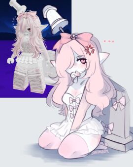 1girls angry artist_name bow clothed corset elf female needle pacifier pink_hair reference_image roblox roblox_avatar robloxian safi_(safiniian) safiniian tagme thigh_highs thighs tombstone