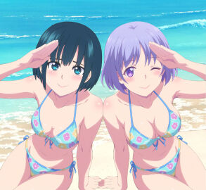 2girls beach big_breasts bikini blush botan_nagatsuki breasts cleavage crossover female flower_bikini highres kneeling light-skinned_female light_skin looking_at_viewer male malevolent_spirits:_mononogatari medium_breasts megami_no_cafe_terrace megami_no_kafeterasu mononogatari one_eye_closed outside pointy_chin purple_eyes purple_hair salute short_hair souya_moemi string_bikini winking_at_viewer
