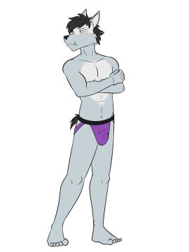 anthro blush bulge canid canine canis clothed clothing detailed_bulge duke_(fuze) fuze genital_outline hi_res jockstrap jockstrap_only looking_away male mammal navel penis penis_outline pinup pose simple_background solo topless underwear underwear_only white_background wolf