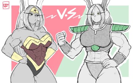 abs artist_signature bangs boku_no_hero_academia bracelet breasts broly_(cosplay) bunny_ears bunny_girl busty cleavage cosplay curvy dc dc_comics dragon_ball dragon_ball_super ettso female long_eyelashes miruko muscular muscular_arms muscular_female my_hero_academia rumi_usagiyama tiara wonder_woman_(cosplay) wonder_woman_(series) yellow_eyes