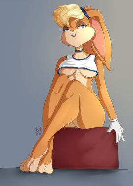 2020 anthro blonde_hair bottomless breasts clothed clothing female grey_body kairaanix lagomorph leporid lola_bunny looney_tunes mammal rabbit solo under_boob warner_brothers