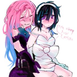 2girls alien alien_stage cleavage comforting dominant female fingers gentle headband long_hair mizi_(alien_stage) multicolored_hair short_hair silly simple_background sitting soft_nsfw stage sua_(alien_stage) submissive teasing wholesome wlw yuri