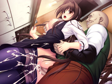 breasts brown_eyes brown_hair casual censored female game_cg grabbing_another's_breast groping highres kitchen large_breasts maishima_yuri male molestation nerawareta_megami_tenshi_angeltia non-web_source old old_male pussy sex skirt tsukumo_kazuita underwear vaginal_penetration