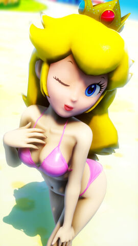 1girls 3d big_breasts blonde_hair blue_eyes breasts busty cleavage female female_only hand_on_knee hand_on_own_knee hi_res human human_only large_breasts leaning_forward legs long_hair looking_at_viewer mammal mario_(series) mature mature_female navel nintendo one_eye_closed pink_bikini pink_lipstick pose posing princess_peach sensual sexy sideboob smile solo thighs v virtualblueam2 voluptuous