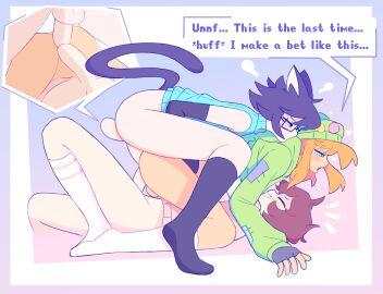 3boys amaruu anal anal_sex arm_warmers armwear balls bet black_hair black_socks blush bottomless cat_boy cat_ears catboy claude_(amaruu) clothed clothed_sex dialogue double_anal double_penetration eyewear femboy femboy_on_femboy femboy_only footwear gay gero_(amaruu) glasses group group_sex hi_res knee_socks kneehighs kneesocks light-skinned_femboy light-skinned_male light_skin looking_pleasured lost_bet male male_only on_back orange_hair original original_character penis sandwiched sex socks splats_(amaruu) square_glasses tagme text text_box threesome twink white_socks yaoi