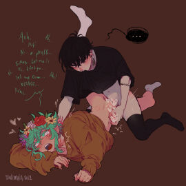 ... 2boys absurdres aged_up anal aqua_eyes aqua_hair arm_tattoo artist_name basil_(omori) bishounen bite_mark black_hair black_shirt black_thighhighs blush brown_background brown_sweater censored clothes_in_mouth couple cross-eyed crossed_bangs dated edging english_commentary english_text femboy full-face_blush gay hand_on_another's_neck handjob head_wreath heart heart_censor highres lying male male_focus messy_hair motion_lines mouth_hold multiple_boys multiple_males navel omori on_stomach oversized_clothes paid_reward_available pale_skin shirt shirt_in_mouth short_hair simple_background sinkaraia sintastein socks spoken_ellipsis sunflower_(omori) sunny_(omori) sweater tattoo tearing_up thighhighs white_socks yaoi