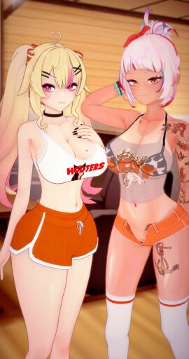 2girls 3d :3 absurd_res ahoge arm_behind_head arm_up ass bead_bracelet belly_button big_ass big_breasts bikini bikini_top black_nails blonde_hair bracelet bracelets breasts choker cleavage cow_print cow_print_bikini deluxe_rosie dolphin_shorts eyeshadow fefe_(vtuber) female female_only hand_on_breast heart_ahoge hi_res hips hooters hooters_uniform hourglass_figure indie_virtual_youtuber indoors jean_shorts koikatsu light-skinned_female light_skin long_hair long_nails looking_at_viewer medium_hair micro_shorts midriff multicolored_hair nude nude_female orange_eyes pierced_belly_button piercing pink_eyes pink_hair see-through see-through_clothing short_shorts shorts smile standing suko_(vtuber) tan tan-skinned_female tan_body tan_skin tanline tattoo tattoos thick_thighs thighhighs thighs thin_waist twintails unbuttoned unbuttoned_shorts virtual_youtuber white_hair wide_hips