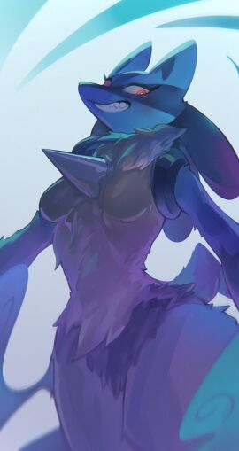 1girls 2024 3gs abstract_background blue_fur blush blush_lines breasts chest_spike devious_grin fangs featureless_breasts featureless_crotch female female_only furry furry_only generation_4_pokemon grey_fur grin lucario multicolored_body pokemon pokemon_(species) pokemon_dppt pokémon_(species) red_eyes small_breasts tail teeth yellow_fur