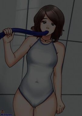 1girls beengineer blush breast_expansion english_voice_acting female_only hose looking_at_viewer medium_hair navel one-piece_swimsuit pussy see-through_swimsuit tagme torn_clothes video