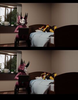 3d absurd_res animal_genitalia balls bedroom blender_(software) canid canine comic computer demon duo electronics fur genitals hi_res impim king_sumo_(artist) laptop machine male male/male mammal nude oni_impim open_mouth penis protogen screen screen_face sheath speech_bubble