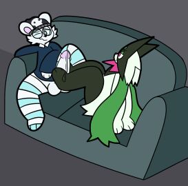 ambiguous_gender anthro balls beanie bear black_beanie black_clothing black_hat black_headwear blue_clothing blue_legwear blue_shirt blue_thigh_highs blue_topwear bodily_fluids cheek_tuft clothing eyewear facial_tuft feet foot_fetish foot_play footjob fur furniture generation_9_pokemon genital_fluids genitals glasses grape_ad green_body green_fur grey_background hat headgear headwear hi_res humanoid_genitalia humanoid_penis legwear male male/ambiguous mammal meowscarada nintendo one_eye_closed pattern_clothing pattern_legwear pattern_thigh_highs penis pokemon pokemon_(species) polar_bear precum precum_on_feet precum_on_penis purple_eyes round_glasses sex shirt simple_background sitting skull_symbol snow_(snowb34r) sofa striped_clothing striped_legwear striped_thigh_highs stripes thigh_highs topwear trans_woman transfem tuft two-footed_footjob ursine white_body white_clothing white_fur white_legwear white_thigh_highs