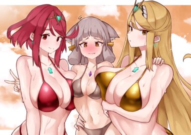 3girls absurd_res absurdres alternate_costume arm_around_waist asymmetrical_docking big_breasts bikini bikini_top bisexual_panic blonde_hair blush blushing breast_envy breast_press breasts cat_ears cat_girl catgirl core_crystal docking female gold_eyes grey_hair hand_on_waist highres huge_breasts large_breasts looking_at_viewer mythra nervous nia oniisan02b pyra red_eyes red_hair red_swimsuit sweatdrop swimsuit xenoblade_(series) xenoblade_chronicles_2 yellow_hair yotsuha_uni yotsuhauni