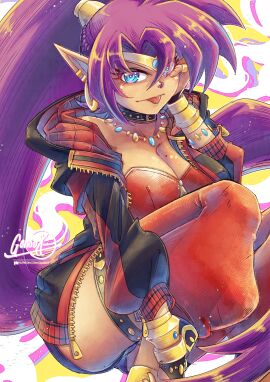 1girls annoyed ass blue_eyes breasts clouds earrings female gensox hoop_earrings jacket jewelry large_breasts long_hair looking_at_viewer midriff navel pointy_ears ponytail purple_hair shantae shantae_(character) solo thick_thighs tiara tongue tongue_out