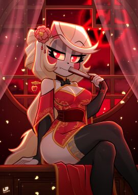 1girls 2024 alternate_costume alternate_hairstyle blonde_hair breasts charlie_morningstar_(hazbin_hotel) chinese_clothes chinese_dress demon demon_girl fan female female_only hair_ornament hand_fan hazbin_hotel highres lezaki-thefatlizard light-skinned_female light_skin long_hair looking_at_viewer lunar_new_year medium_breasts pale-skinned_female pale_skin solo stockings thighhighs twitter