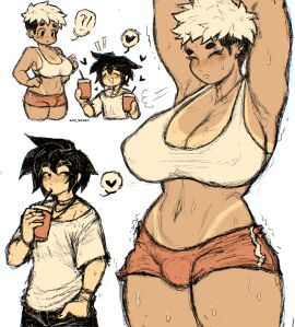 1futa 1girls 2024 aroused aroused_face aroused_female black_hair blush bra bracelet breasts bulge bulge_through_clothing chibi cindy_(sad_sasen) clothed clothing cup dolphin_shorts drink drinking duo female flaccid flat_chest floof_(sad_sasen) fully_clothed futa_focus futanari heart huge_breasts human implied_yuri intersex larger_futa light-skinned_female light_skin looking_at_partner midriff necklace oversized_shirt pants penis penis_bulge pierced_ears piercing sad_sasen short_hair shorts smaller_female solo_focus standing stretching sweat sweating tan tan-skinned_futa tanline thick_thighs tomboy turned_on white_hair wide_hips