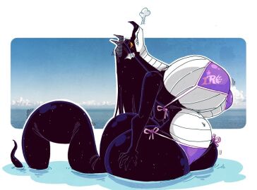 annoyed annoyed_expression anthro big_breasts big_tail bikini black_body black_hair breasts dragon dragon_girl dragoness female female_only horn huge_breasts scales scalie tail thick_thighs toxictoothpick white_scales