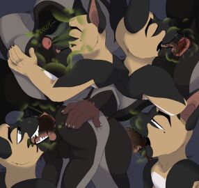 anthro anus artist_name ass balls bipbopstunk bipzy_(bipbopstunk) black_body black_fur blue_eyes brown_body brown_skin canid canine canis claws closed_eyes domestic_dog duo eating_feces enjoying_feces eye_roll eyebrows fart fart_cloud fart_fetish fart_sniffing farting_on_another farting_on_face feces feces_in_mouth feces_on_face feces_on_tongue finger_claws fur gaping gaping_anus genitals german_shepherd grey_background grey_body grey_fur hand_on_butt hand_on_own_butt herding_dog hi_res living_toilet male male_farting male_pooping mammal markings mephitid mole_(marking) mole_under_eye narrowed_eyes nude_anthro nude_male open_mouth pastoral_dog perineum pooping_in_mouth pooping_on_another raised_eyebrows raised_tail scat scatplay sharp_teeth simple_background skunk skunk_tail smile sniffing sound_effects spread_butt spreading tail tan_body tan_fur teeth text tongue tongue_out white_body white_fur