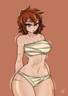 1girls ana_leopad ass bandage big_ass big_breasts big_butt big_thighs blush breasts brown_hair curvy el_diario_de_jonathan female female_only green_eyes large_breasts partially_clothed petina petoart scar scars_all_over short_hair solo solo_female standing sweat thick thick_ass thick_legs thick_thighs thighs underwear