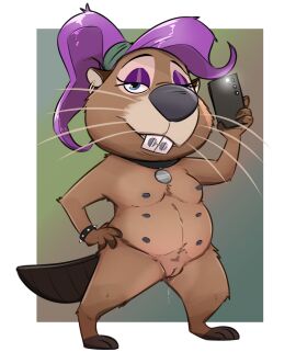 2025 anthro beaver bodily_fluids bracelet braces brown_body brown_fur buckteeth cellphone collar disney dripping ear_piercing ear_ring electronics eyeshadow female fur genital_fluids genitals hair hand_on_hip hi_res jewelry looking_at_viewer makeup mammal multi_nipple nipples noodlestoat nude nude_anthro nude_female phern_(zootopia) phone piercing purple_hair pussy pussy_juice_drip ring_piercing rodent solo spiked_bracelet spikes teeth vaginal_fluids whiskers zootopia