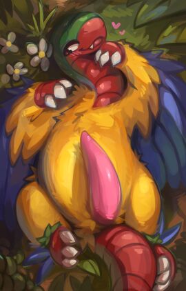 2025 3_claws absurd_res animal_genitalia animal_penis archeops belly big_penis blue_body blue_feathers blush claws detailed_background digital_media_(artwork) dinosaur feathered_dinosaur feathered_scalie feathers feral flower fluffy fossil_pokemon generation_5_pokemon genitals grass green_body green_feathers hi_res huge_filesize looking_at_viewer lounging male metalisk nintendo outside penis plant pokemon pokemon_(species) prehistoric_species red_body reptile scalie smile smirk solo tail winged_arms wings yellow_body yellow_feathers