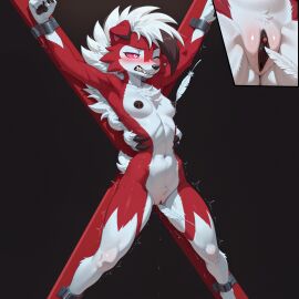 3_fingers <3_eyes absurd_res ai_generated ankle_cuffs ankles_tied anthro athletic athletic_anthro athletic_female black_background black_body black_claws black_fur black_nipples black_pussy blush blush_lines bodily_fluids bondage bound breasts canine_nose canine_teeth chest_tuft claws clitoral_hood clitoris close_up crotch_tuft cuff_(restraint) dripping feathers female fingers folded_ears fur generation_7_pokemon genital_fluids genitals glowing glowing_eyes heart hi_res lycanroc midnight_lycanroc milk motion_lines navel nintendo nipple_fetish nipple_play nipples pink_eyes pokemon pokemon_(species) pussy pussy_close-up pussy_juice pussy_juice_drip pussy_juice_string red_body red_fur restraints shaking short_tail simple_background small_breasts solo spread_eagle sweat sweaty_body tickle_fetish tickling tickling_genitalia tickling_nipples tickling_pussy tuft white_body white_fur wristband wrists_tied