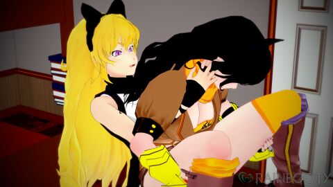 1futa 1girls 3d black_hair blake_belladonna blonde_hair canon_couple cat_girl catgirl female full_nelson futa_on_female futanari intersex rainbooty rwby yang_xiao_long