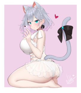 big_breasts breasts cat_ears cat_tail cleavage crossed_bangs feline female glitch_stars green_eyes grey_hair hairband highres hiiragi_emuri huge_breasts indie_virtual_youtuber large_breasts long_hair mole mole_on_breast mole_under_eye natch necklace panties short_hair silver_hair sitting slippers thigh_squish tights virtual_youtuber vtuber white_panties