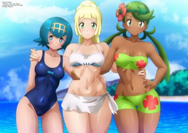3girls alternate_version_available artist_name beach belly_button bikini blonde-haired_female blonde_hair blue-haired_female blue_eyes blue_hair breasts clouds dark-skinned_female dark_skin female female_only flower_in_hair flower_pattern game_freak green-haired_female green_bikini green_eyes green_hair holding_each_other human lana_(pokemon) lillie_(pokemon) looking_at_viewer mallow_(pokemon) medium_breasts multiple_females multiple_girls nintendo ocean pokemon pokemon_sm ponytail short_hair swimsuit thick_thighs twintails white_bikini wide_hips zel-sama