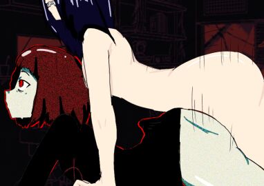 1boy 1femboy 1girls ass assjob big_ass black_hair brown_hair buttjob buttjob_under_clothes female femboy femboy_on_female flat_chest male milk_chan milk_outside_a_bag_of_milk_outside_a_bag_of_milk motion_lines red_eyes sweater teeth thick_ass thick_thighs