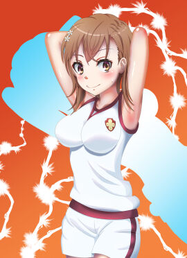 1girls alternate_breast_size armpits arms_behind_head big_breasts breasts brown_eyes brown_hair busty confident female female_only highres large_breasts legs looking_at_viewer medium_hair misaka_mikoto sexy sexy_armpits sexy_pose shorts smile solo sports_uniform sportswear thighs to_aru_kagaku_no_railgun to_aru_majutsu_no_index voluptuous